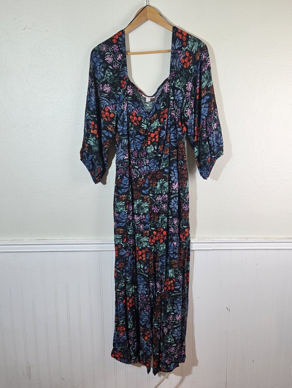 Knox Rose Womens XXL Floral Jumpsuit Boho Wide Leg Smocked Back Rayon